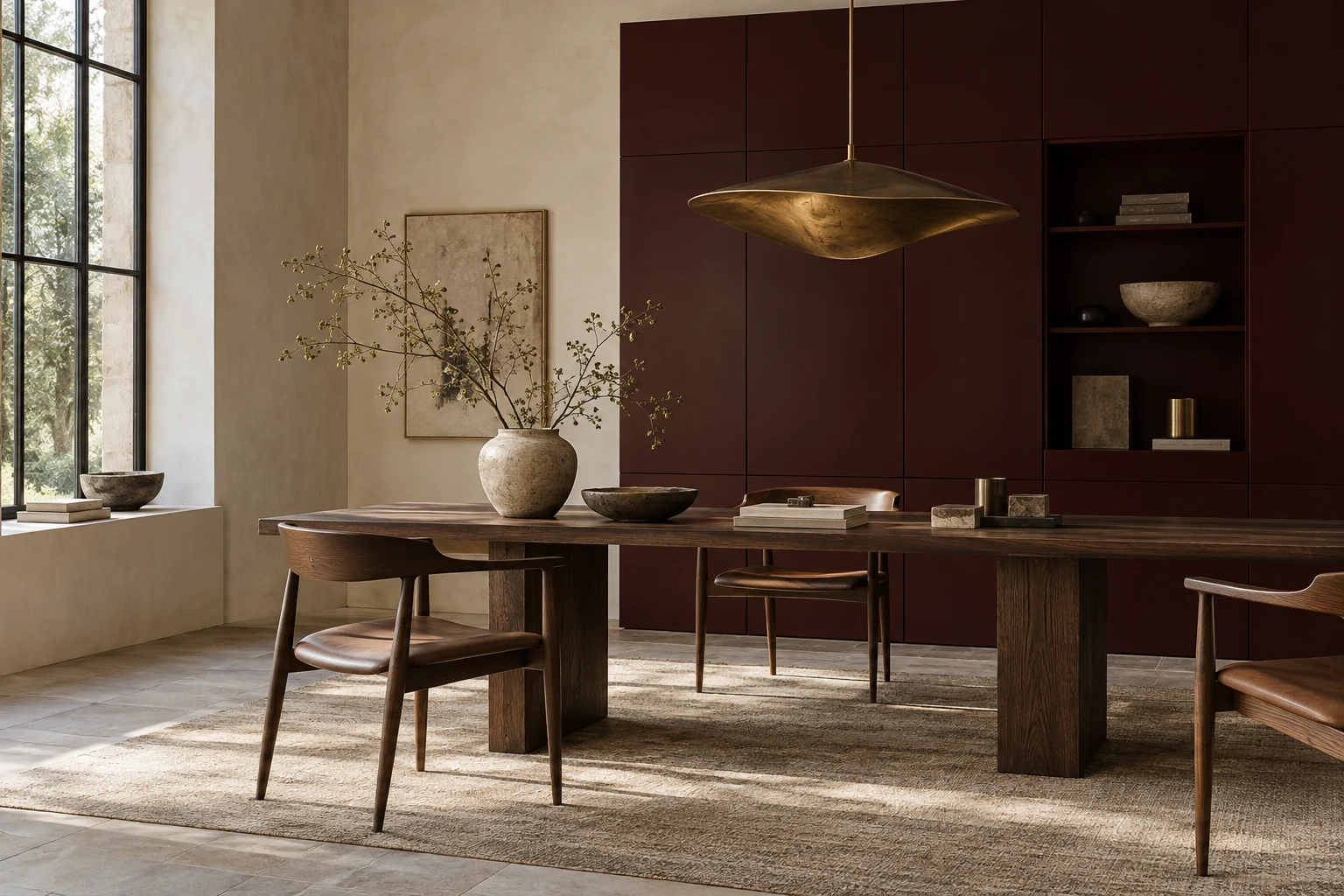 Fictief werkplekconcept met een donkere eiken tafel, bordeauxrode kasten en een sculpturale bronzen lamp
